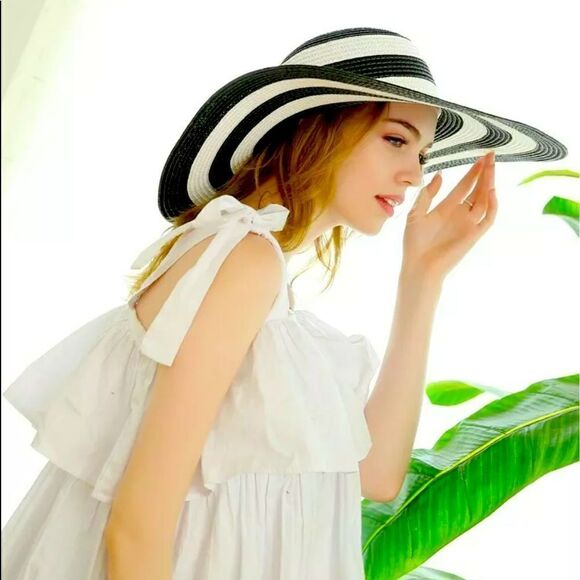 SUPER CHIC Striped Wide Brim UV Protection Summer Beach Sun Hat Adjustable - Picture 3 of 11